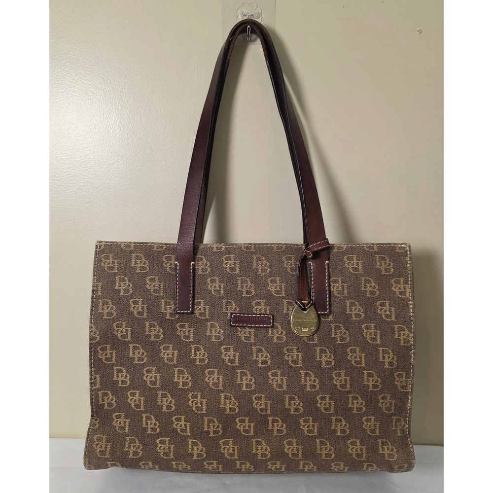 Dooney &‎ Bourke East West Monogram Canvas Tote Bag Leather Trim Duck Charm
